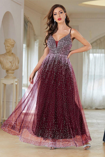 Sparkly Burgundy A Line Tulle Long Sequined Prom Dress