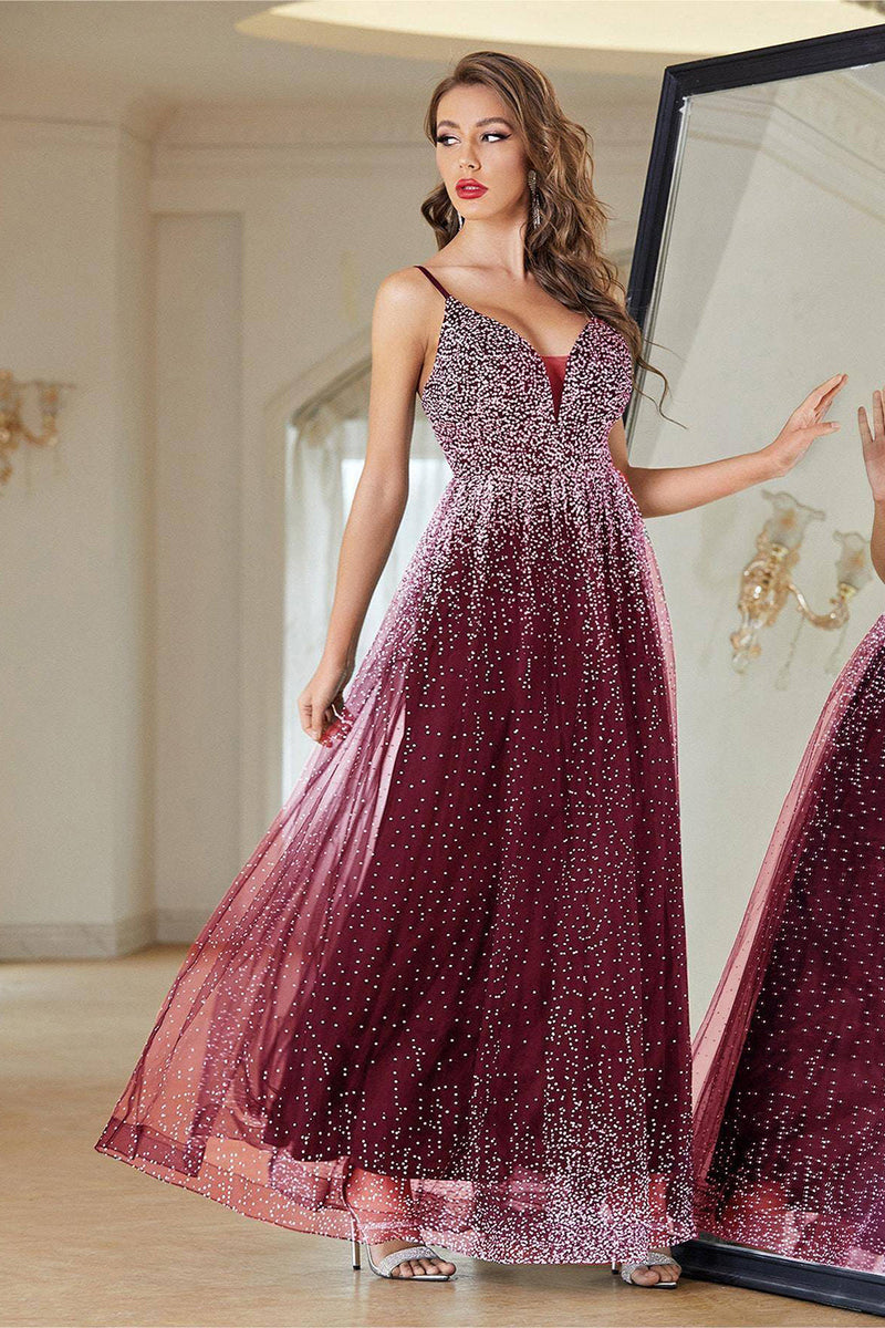 Load image into Gallery viewer, Sparkly Burgundy A Line Tulle Long Sequined Prom Dress