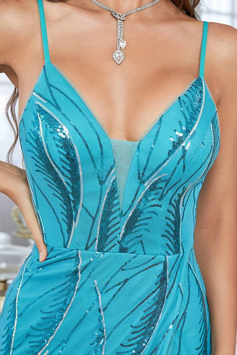 Load image into Gallery viewer, Mermaid Blue Long Sequined Prom Dress With Slit