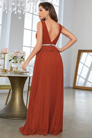 Load image into Gallery viewer, Brick Red Sheath V Neck Long Prom Dress