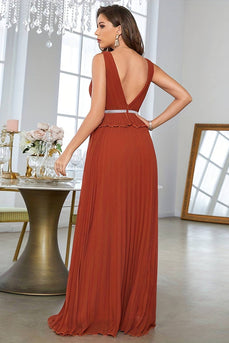 Brick Red Sheath V Neck Long Prom Dress