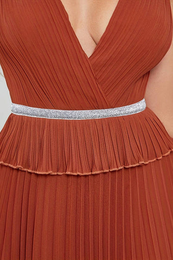 Brick Red Sheath V Neck Long Prom Dress