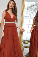 Load image into Gallery viewer, Brick Red Sheath V Neck Long Prom Dress