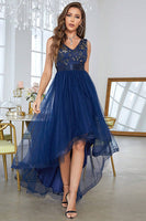 Load image into Gallery viewer, Dark Blue A Line High Low Prom Dress With Appliques