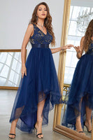 Load image into Gallery viewer, Dark Blue A Line High Low Prom Dress With Appliques