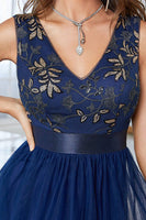 Load image into Gallery viewer, Dark Blue A Line High Low Prom Dress With Appliques