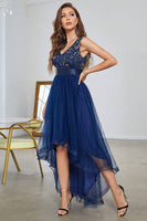 Load image into Gallery viewer, Dark Blue A Line High Low Prom Dress With Appliques