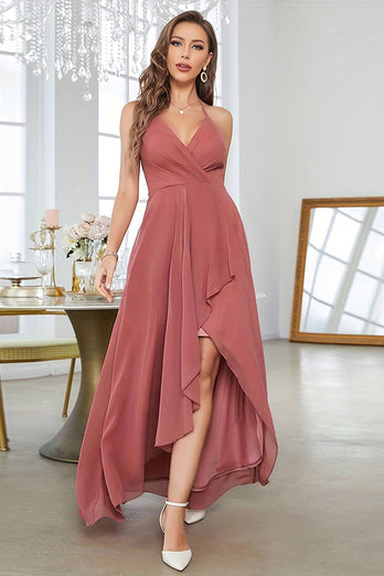 Coral Chiffon High Low Prom Dress