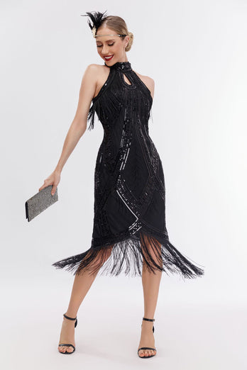 Glitter Halter Fringes Gatsby Dress with Sleeveless