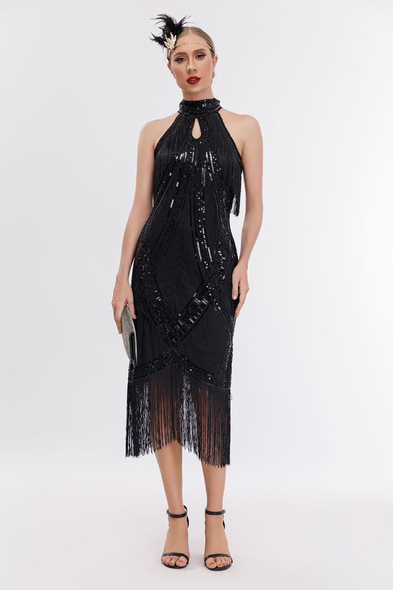 Load image into Gallery viewer, Glitter Halter Fringes Gatsby Dress with Sleeveless