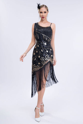 Asymmetrical Black Glitter 1920s Dress with Fringes