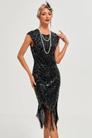 Load image into Gallery viewer, Queendancer Women Sparkly Black Fringed Flapper Dress Bodycon Round Neck Beaded 1920s Gatsby Dress