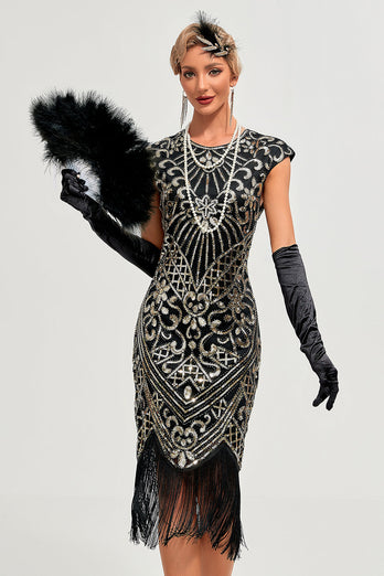Sparkly Black Beaded Fringed 1920s Gatsby Dress