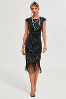 Load image into Gallery viewer, Sparkly Black Bodycon Beaded Fringed 1920s Flapper Dress