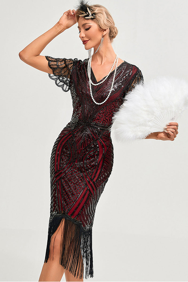 Load image into Gallery viewer, Sparkly Dark Green Beaded Fringed Cap Sleeves 1920s Gatsby Dress