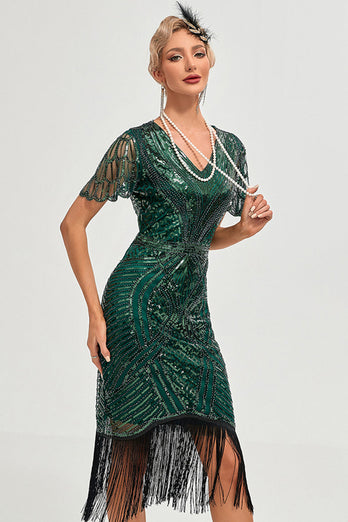 Sparkly Dark Green Beaded Fringed Cap Sleeves 1920s Gatsby Dress