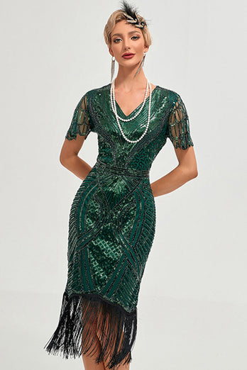 Sparkly Dark Green Beaded Fringed Cap Sleeves 1920s Gatsby Dress