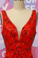 Load image into Gallery viewer, Mermaid Red Deep V Neck Open Back Sequins Prom Dress