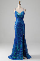Load image into Gallery viewer, Royal Blue Mermaid Sparkly Prom Dress with Slit