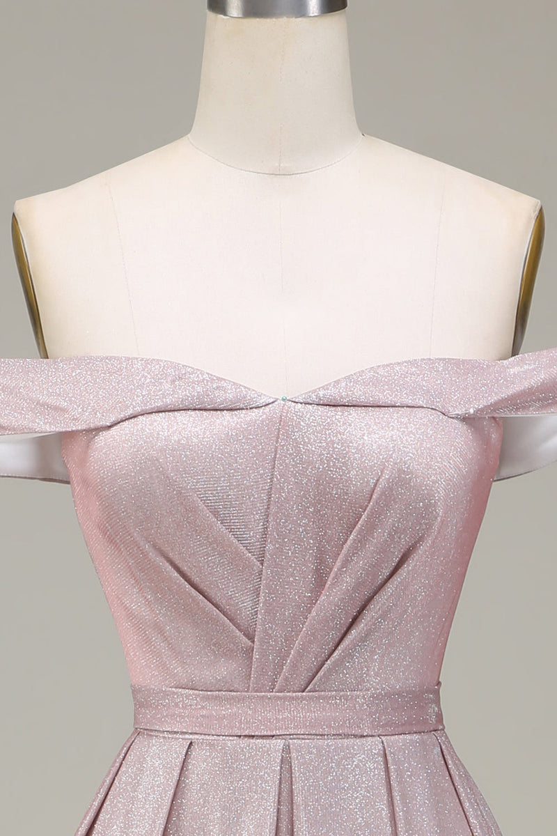 Load image into Gallery viewer, Off the Shoulder Grey Pink Sparkly Prom Dress with Pleated