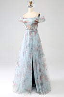 Load image into Gallery viewer, A-Line Blue Printed Cold Shoulder Long Corset Prom Dress with Slit