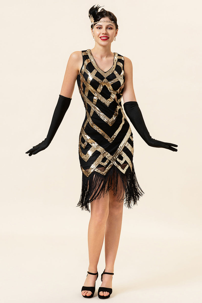 Load image into Gallery viewer, Sequins Tassel Banquet Golden 1920s Dress With 20s Accessories Set