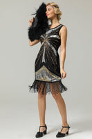 Load image into Gallery viewer, Black Sequins Fringe 1920s Flapper Dress