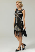 Load image into Gallery viewer, Black Sequins Fringe 1920s Flapper Dress