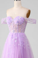 Load image into Gallery viewer, Lavender A Line Tulle Off the Shoulder Prom Dress with Slit