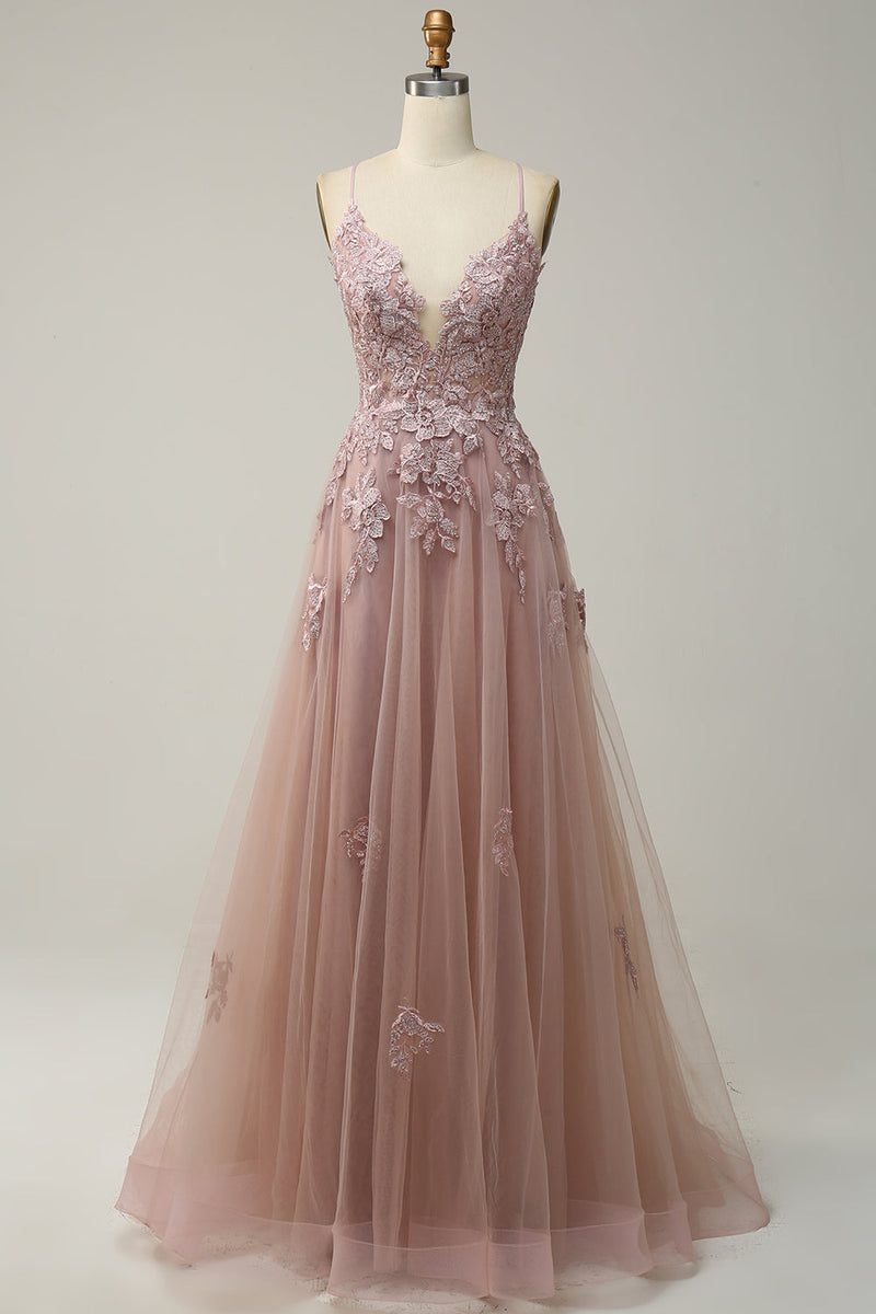 Load image into Gallery viewer, A Line Spaghetti Straps Blush Long Prom Dress with Appliques