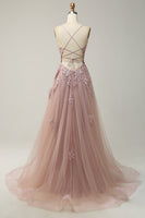 Load image into Gallery viewer, A Line Spaghetti Straps Blush Long Prom Dress with Appliques
