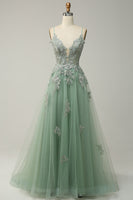 Load image into Gallery viewer, A Line Spaghetti Straps Grey Blue Long Prom Dress with Appliques