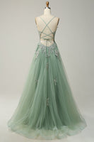 Load image into Gallery viewer, A Line Spaghetti Straps Grey Blue Long Prom Dress with Appliques