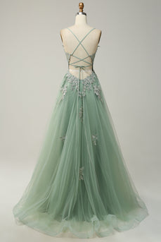 A Line Spaghetti Straps Green Long Prom Dress with Criss Cross Back