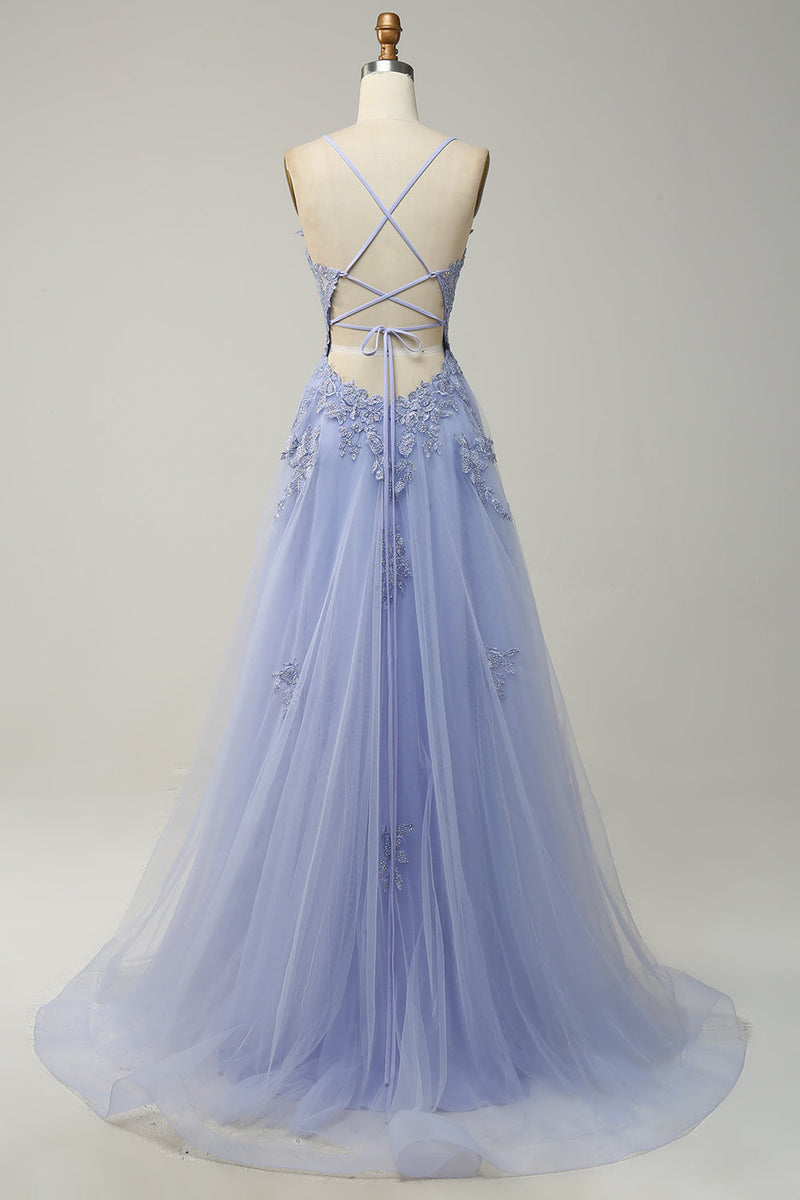Queendancer Women Grey Blue Long Prom Dress A Line Spaghetti Straps Formal Dress with Appliques queendancer Queendancer Women Grey Blue Long Prom Dress A Line Spaghetti Straps Formal Dress with Appliques queendancer