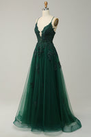 Load image into Gallery viewer, A Line Spaghetti Straps Green Long Prom Dress with Criss Cross Back