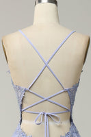 Load image into Gallery viewer, Spaghetti Straps A Line Light Purple Long Prom Dress with Criss Cross Back