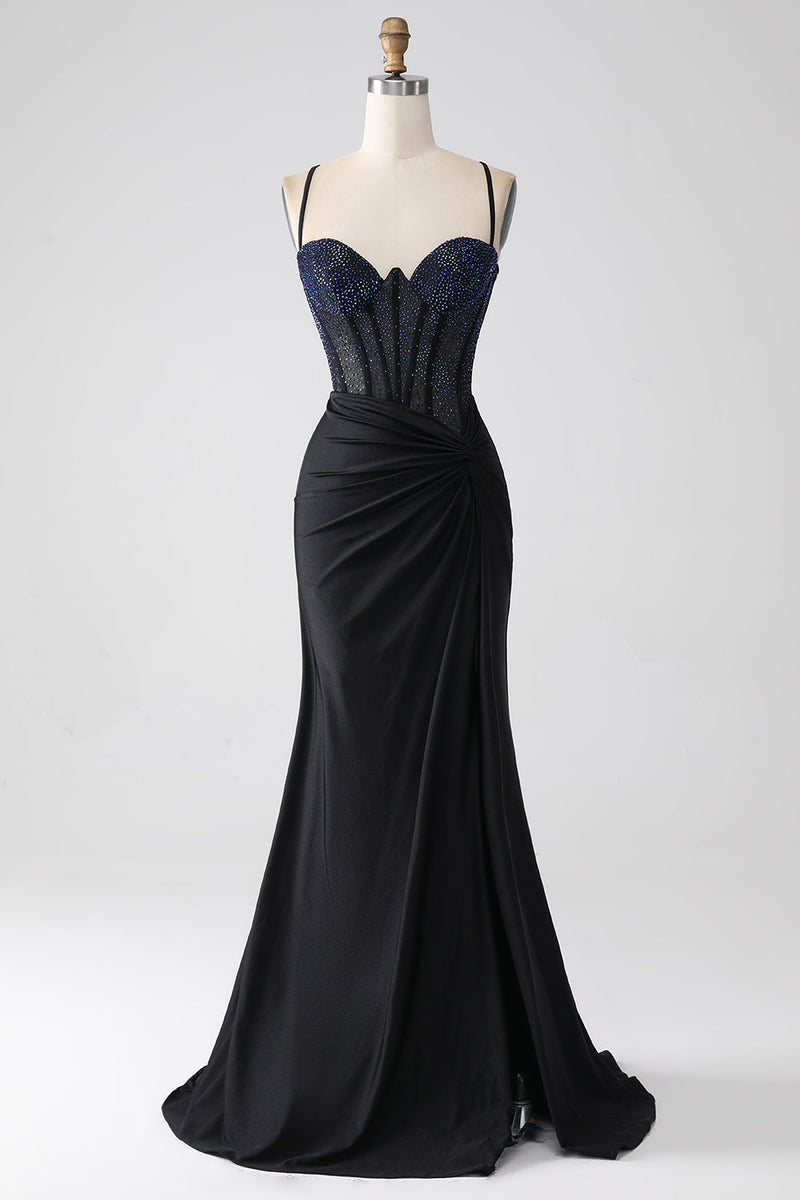 Queendancer Women Black Prom Dress Mermaid Spaghetti Straps Long Corset ...