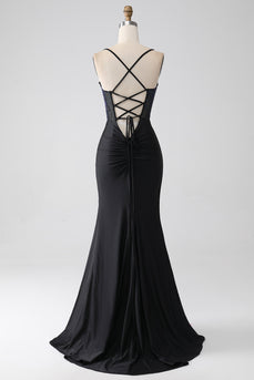 Black Mermaid Spaghetti Straps Long Corset Prom Dress With Beading