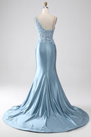 Load image into Gallery viewer, Grey Blue Mermaid Spaghetti Straps Long Beaded Prom Dress With Appliques