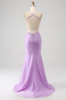 Trendy Mermaid Spaghetti Straps Lilac Long Prom Dress with Appliques Beading