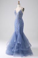 Load image into Gallery viewer, Grey Blue Mermaid Spaghetti Strap Beaded Backless Prom Dress With Appliques