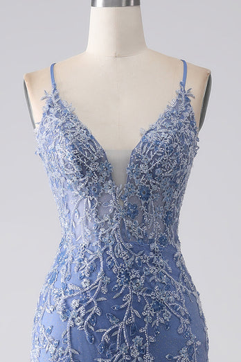 Grey Blue Mermaid Spaghetti Strap Beaded Backless Prom Dress With Appliques