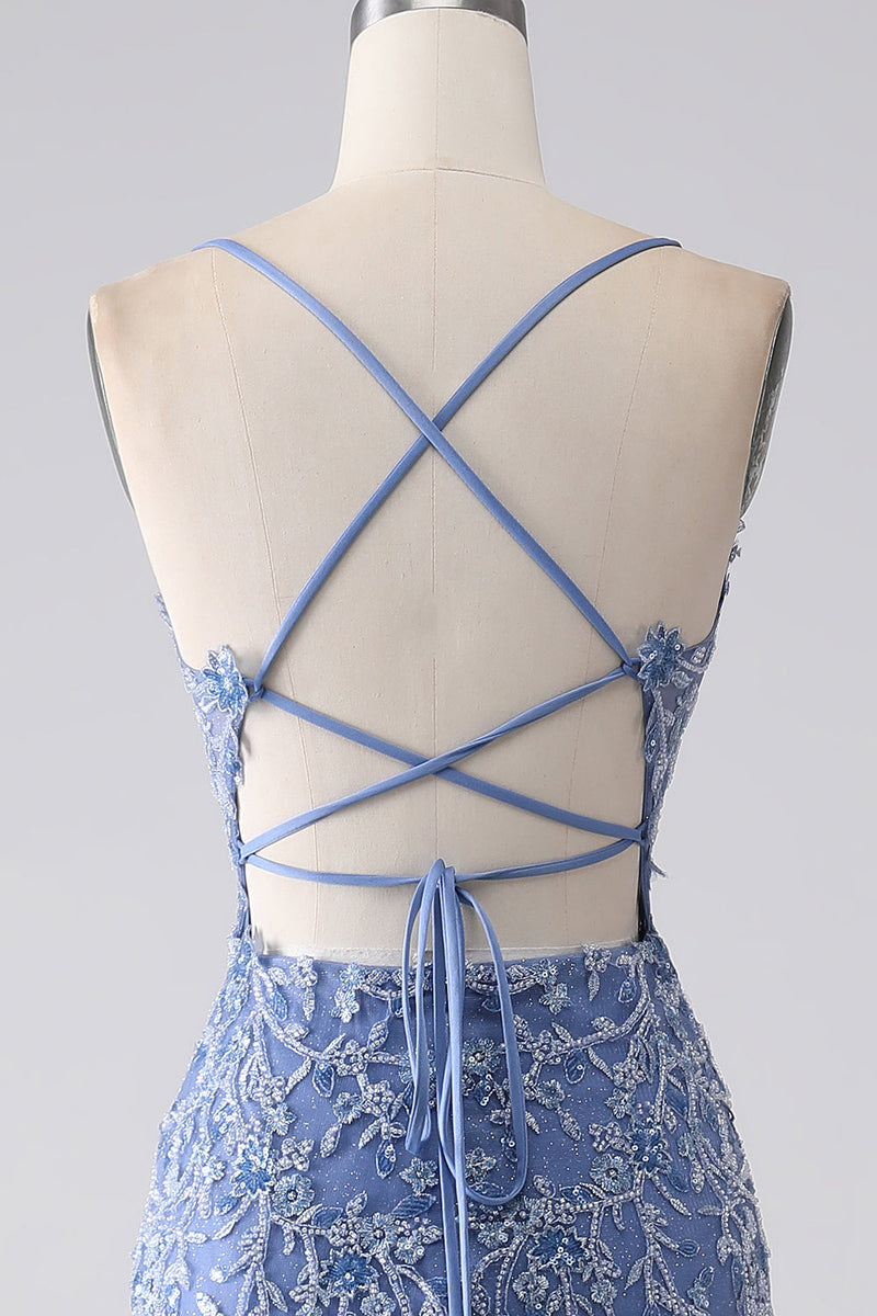 Load image into Gallery viewer, Grey Blue Mermaid Spaghetti Strap Beaded Backless Prom Dress With Appliques