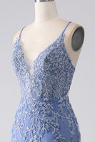 Load image into Gallery viewer, Grey Blue Mermaid Spaghetti Strap Beaded Backless Prom Dress With Appliques