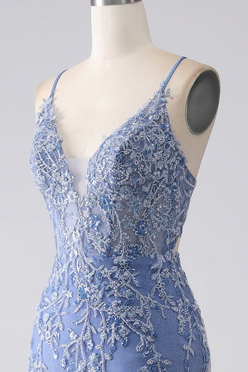 Grey Blue Mermaid Spaghetti Strap Beaded Backless Prom Dress With Appliques