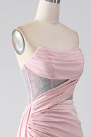 Load image into Gallery viewer, Pink Mermaid Strapless Beaded Pleated Long Prom Dress With High Slit