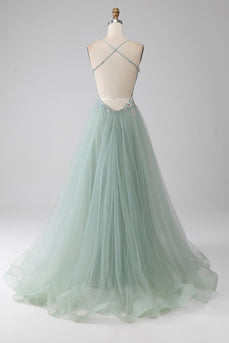 A-Line Beaded Light Green Prom Dress with Slit