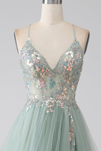 A-Line Beaded Light Green Prom Dress with Slit