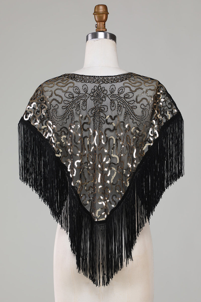 Load image into Gallery viewer, Black Sequins Glitter 1920s Cape with Fringes